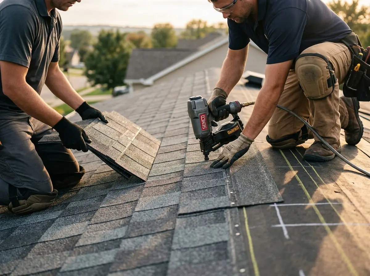 Professional roofer working on a residential roof in Bartonville